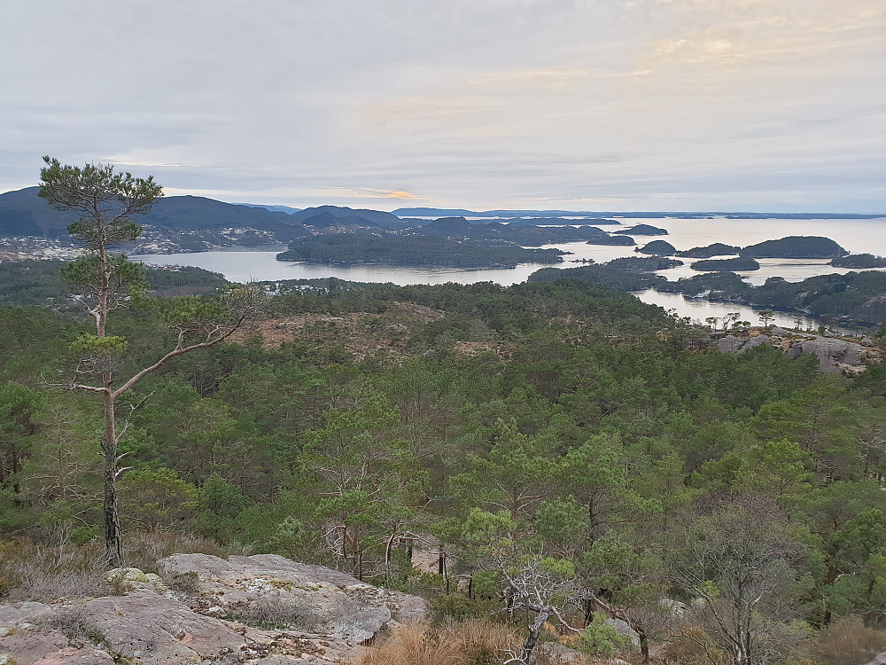 Fra Storakvitefjellet mot sør. Lysøya i midten. Bildet er tatt fra et utsiktspunkt litt sørvest for toppen.