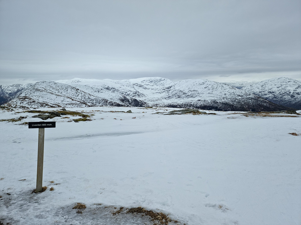 Fra Livarden mot øst-nordøst. Fra venstre Slettegga, Gullfjelltoppen (helt bakerst), Austefjellet, Søre Gullfjelltoppen, Hausdalshorga, Sveningen.