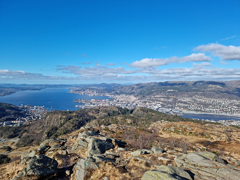Fra Løvstakken. Byfjorden til venstre. Masten på Rundemanen bakerst til høyre.