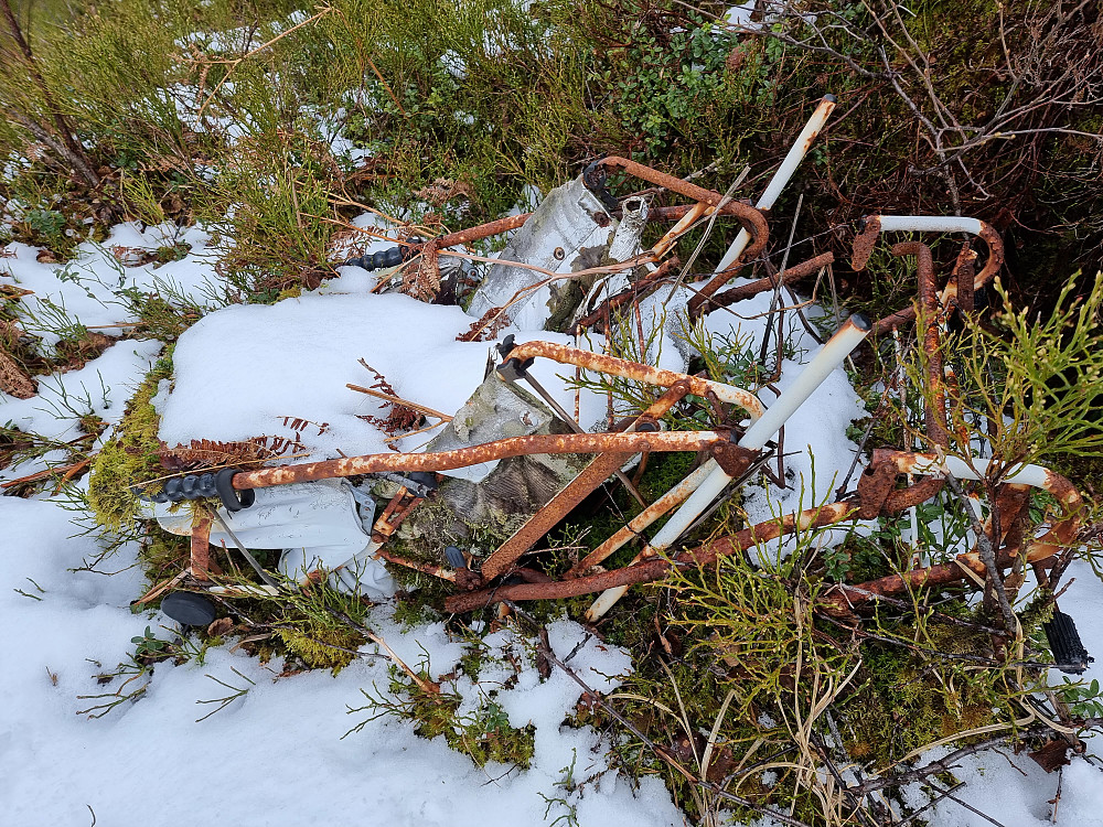 Oppe i lia på vei mot Lyshovden fant jeg denne. En gammel barnevogn, kanskje?