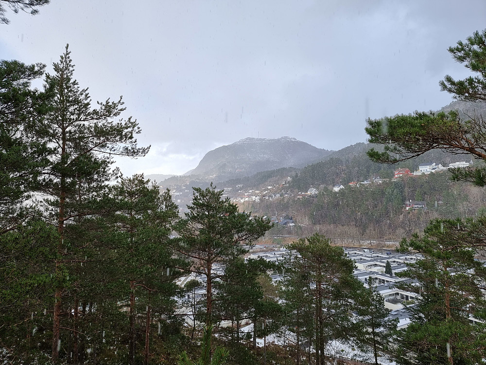 Fra Lyshovden. Løvstakken i bakgrunnen. En haglbyge passerer.