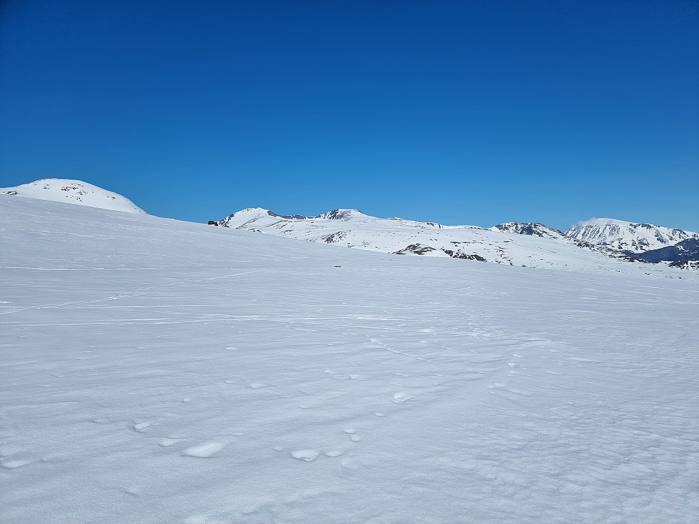 Utsikt fra teltet på Valdresflye. Dagens turmål i sikte. Høgdebrotet i midten med Steinflytinden og Tjønnholstinden til venstre.