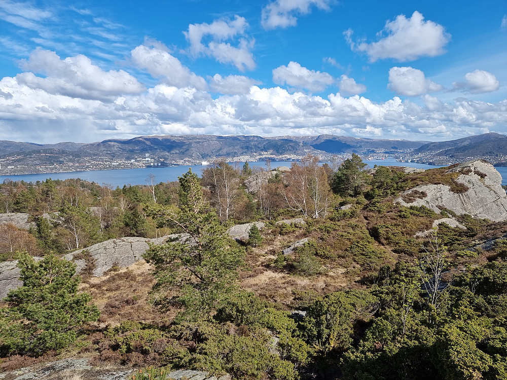 Fra Brikafjellet mot øst-sørøst. Mastene på Rundemanen (til venstre) og Ulriken (til høyre).