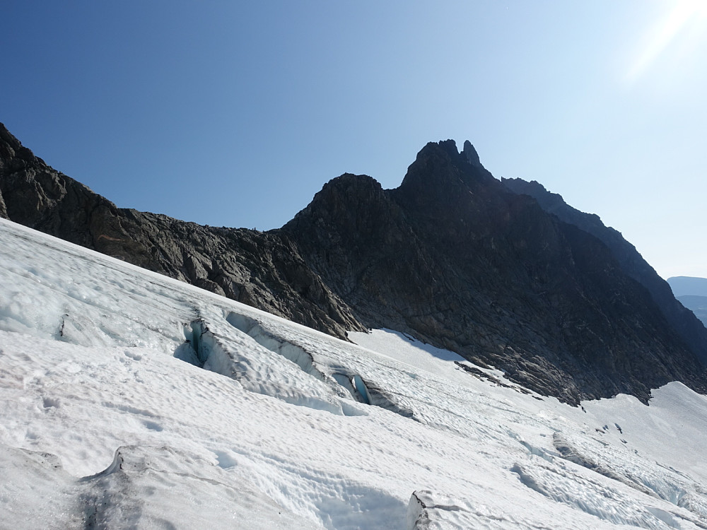 En del blåis og sprekker på breen. Måtte kryssene par bruer, og greit å benytte tau, stegjern og øks. Største utfordringa var likevel å finne det beste stedet å komme inn på berger da gleppa var stor og overhengende. Med litt prøving og feiling fant vi et egna sted.