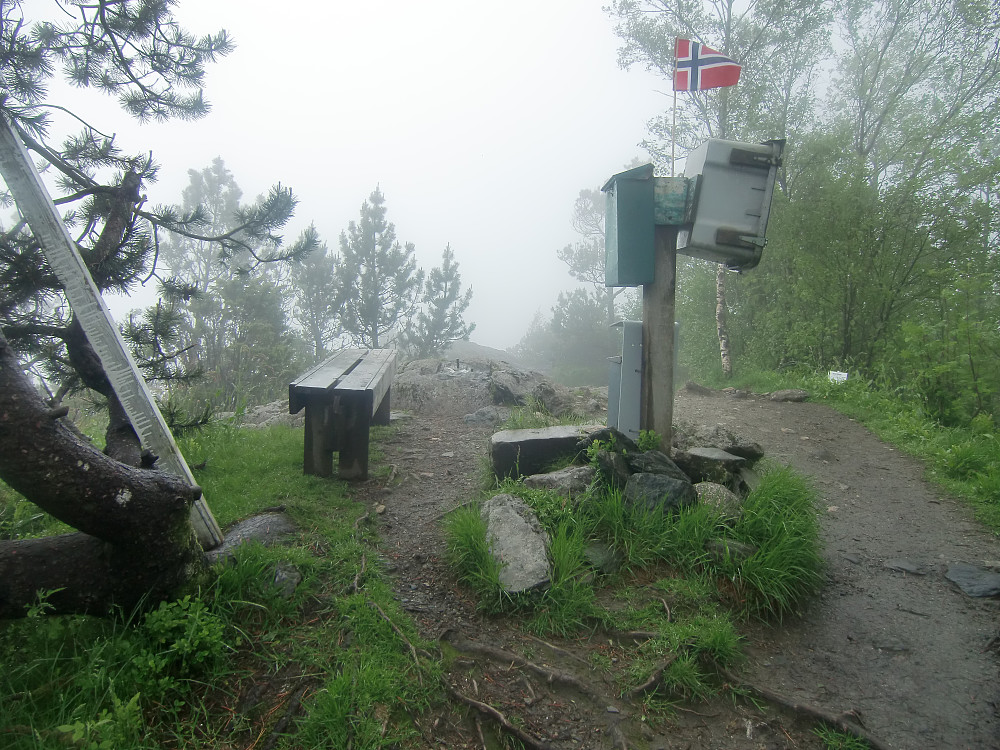Toppen på Lyshornet i dag med null utsikt, men flagget var på plass. 