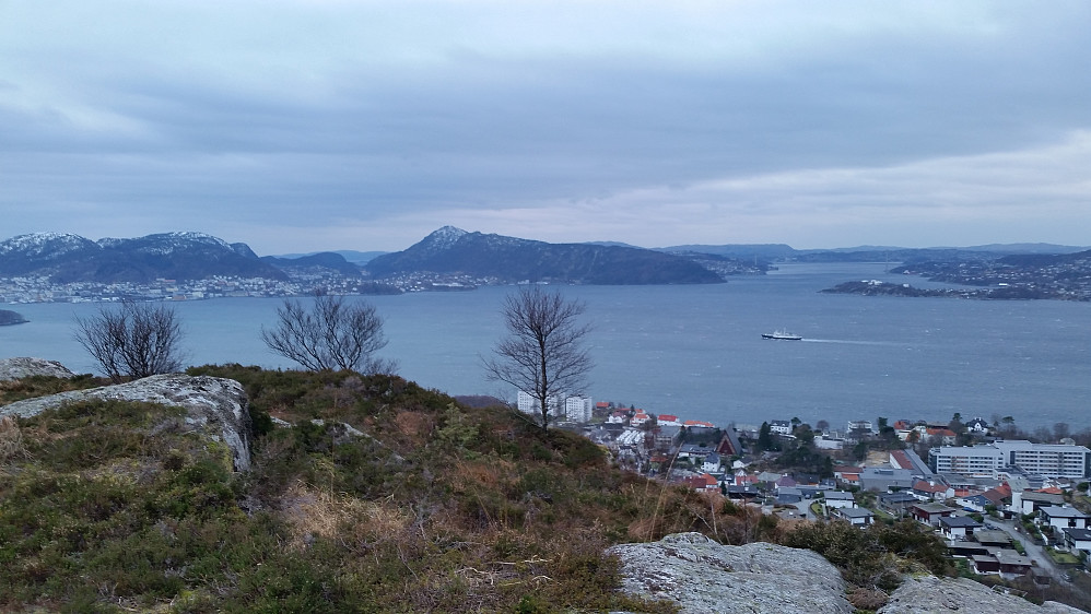 Utsikt fra Rognåsen, her med Lofoten på vei inn til havn i Bergen.