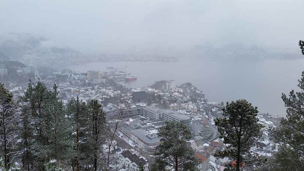 Bergen fra Furekammen i lett snøvær