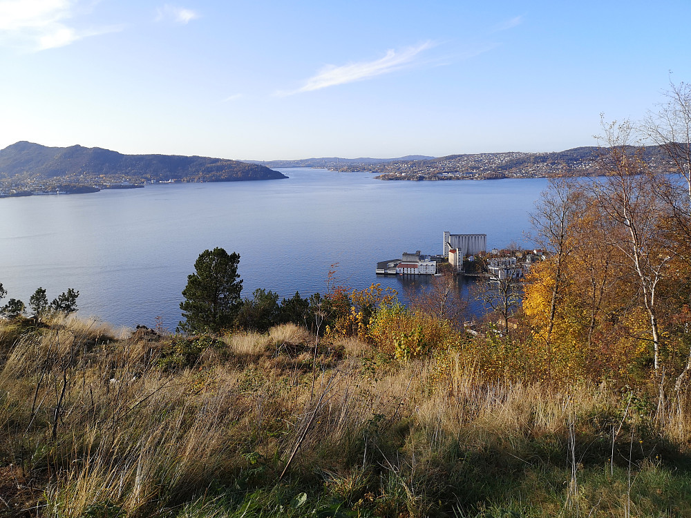 Utsikt fra Sandviksbatteriet, Byfjorden med Hæggernes valsemølle som var i drift fra 1869 til 1992