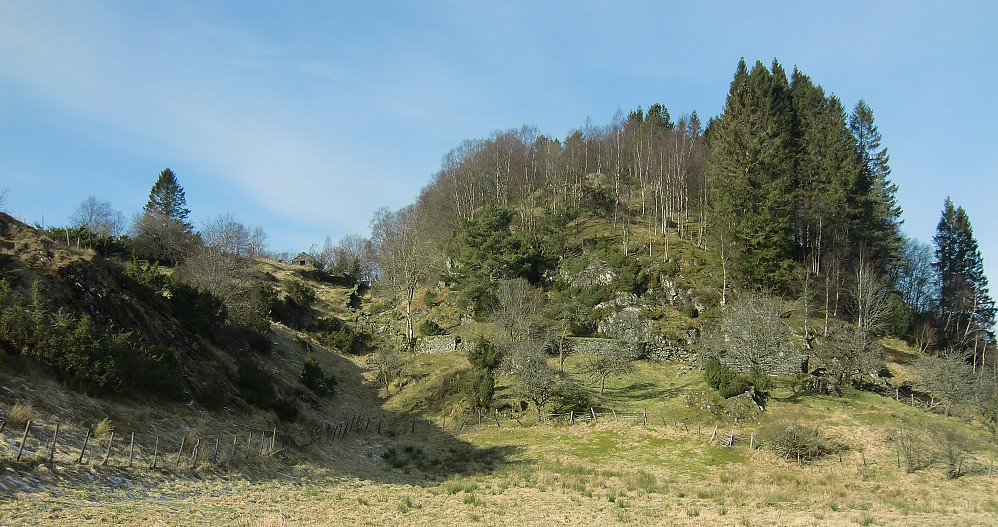 Høgåsen en skog kolle rett nord for siste gården på Sætre. Steinhuset vises til venstre for toppen.