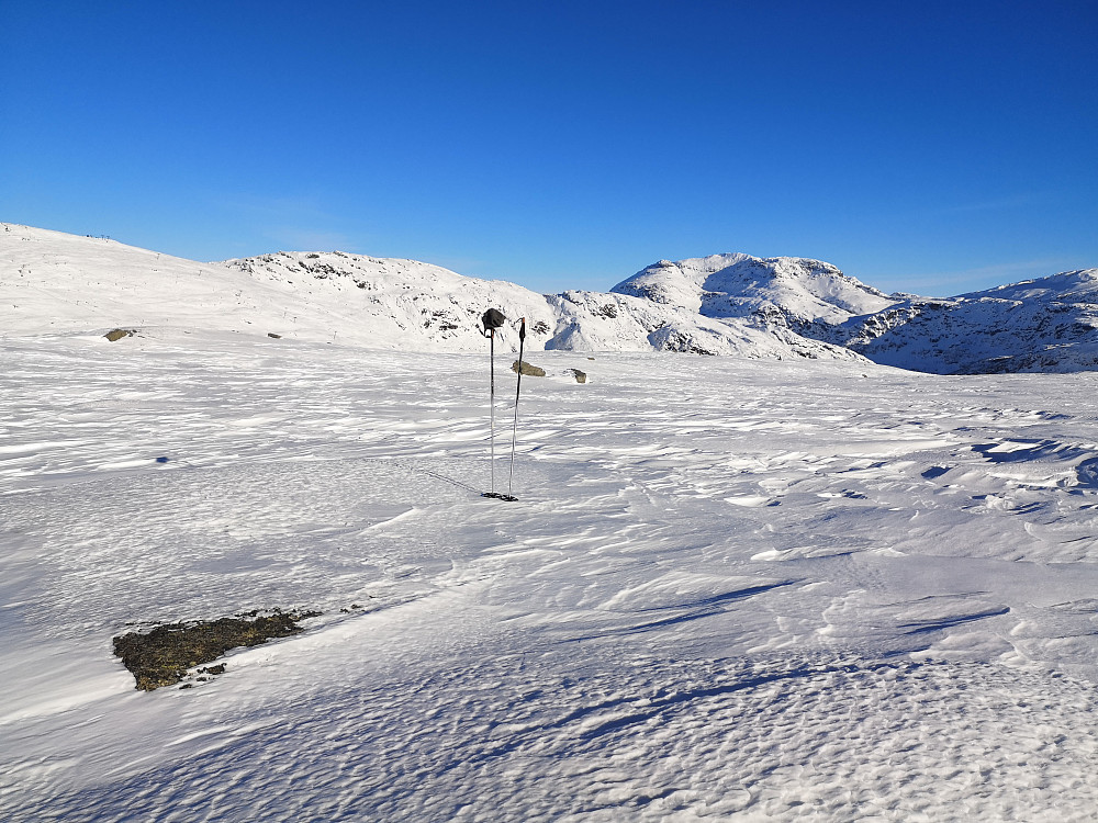 Huldabotsfjellet. Flatt på toppen, vanskelig å vite hvor toppunktet lå, men ved stavene var nålen plassert. 