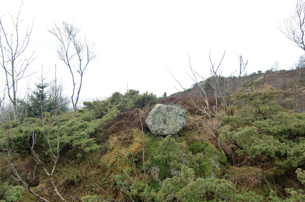 Stulihaugen med en grensestein? som er boltet fast til fjell. Tilsvarende stein med bolt ligger også på nabotoppen Kronhaugen.