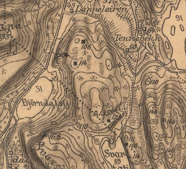 Kart 1925 der de 4 hyttene er inntegnet. 