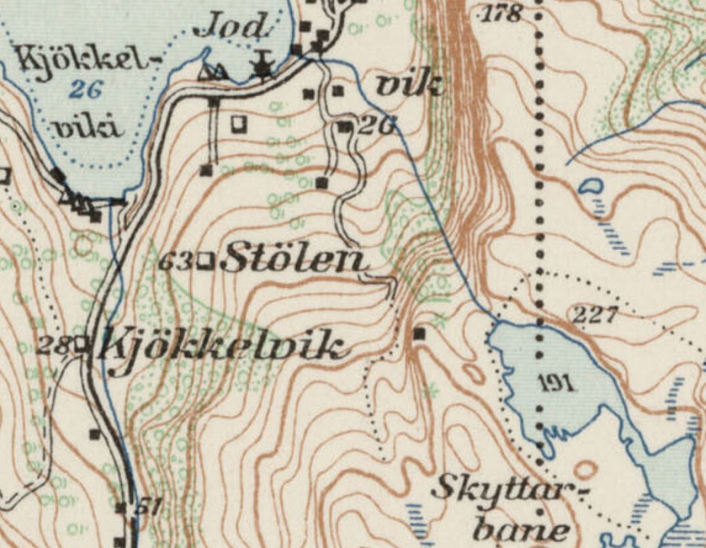 Kart 1934 med "hytte" inntegnet. 