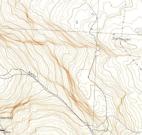 Sti fra Isdalen til hyttene Fjellheim og Huldrejenten, kart 1957