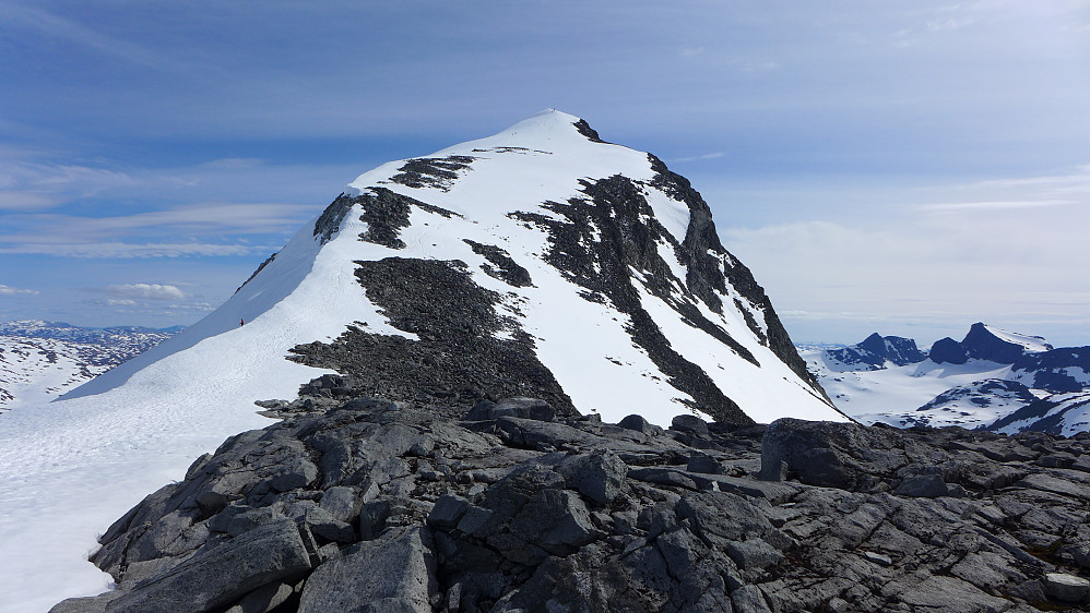 Laveste punkt på ryggen der du tar til venstre for å gå breen og tll høyre for å gå derfra vi kom. Rett frem er Uranostinden. Rett bak oss er Slingsbytinden.