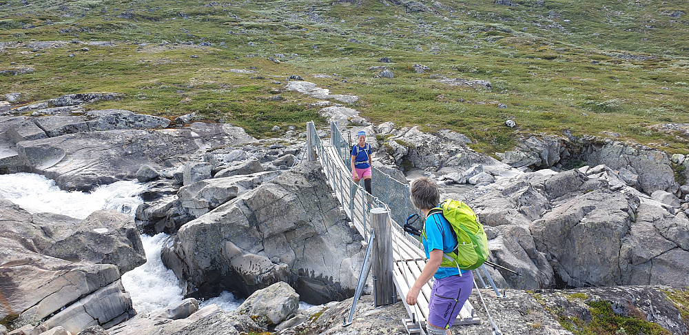 Etter 3 km på stien mot Leirvassbu er hengebrua over Visa ved Gammelsætren. Derfra kan man ta til venstre via Bukkeholet og opp til Styggehøe, men vår rute gikk rett opp lia for å gå hele traversen.