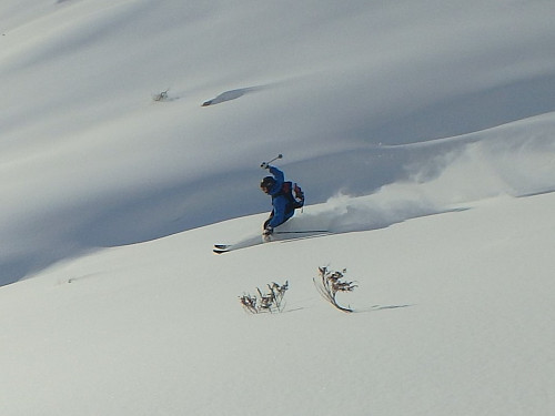 Morsomt med ski som flyter oppå snøen.