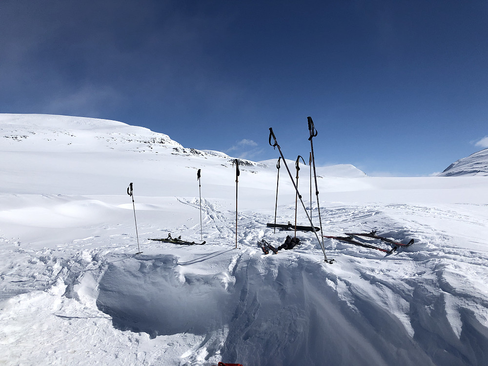 Dagens mål laaangt bak, midt i bildet. Gråhøe (2014 moh). Bildet er tatt fra Skarvedalshytta.