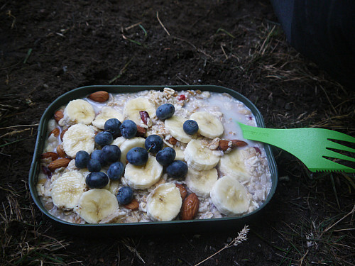 Deilig havregrynsfrokost med blåbærtopping.