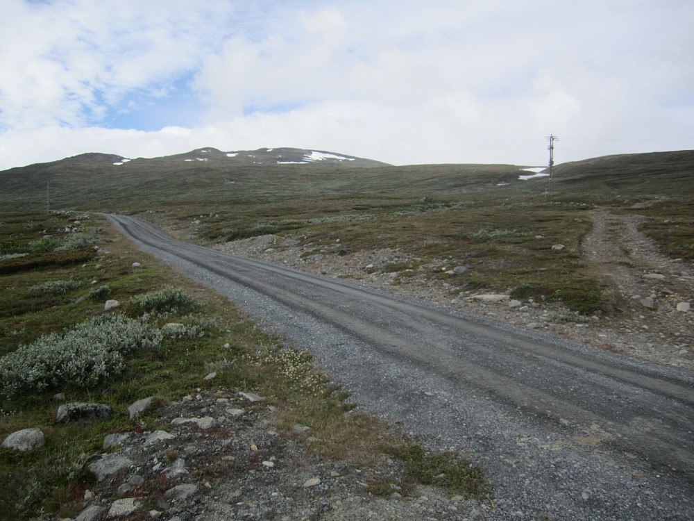 Parkerte og starta opp ved en slags vei (stengt for all trafikk) opp mot Sylvetjørni. Ser mot målet, selv om ikke selve toppen er synlig her.