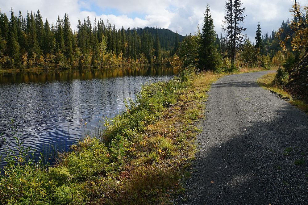 Etter en stund passerer skogsveien et vann, og stemningen ble idyllisk her når sola samtidig kikket litt fram.