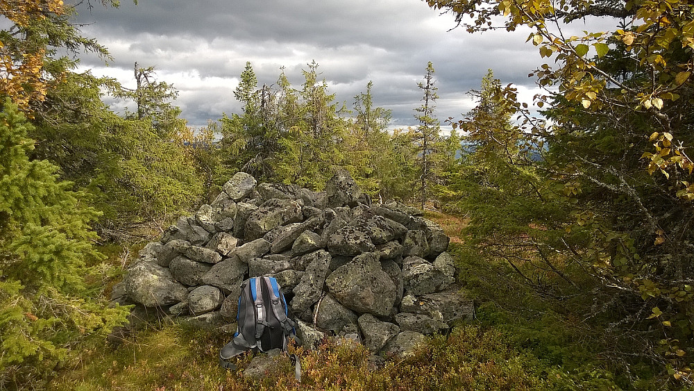 En overraskende stor ansamling stein på toppen midt i skogen! Har man gravd opp disse steinene, eller hva? Jeg så ingen i nærheten. (Eller kanskje alle de som en gang lå i nærheten er brukt?)