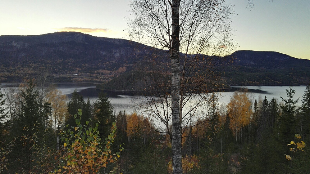 Kommet ned til veien igjen; kveldsstemning over Elsrudkollen (t.v), med Storøya i forkant, og med Skarrudkollen til høyre. Har vært på alle disse nå i høst.