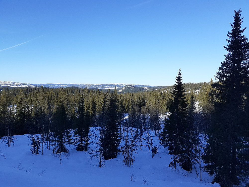 Et av få utsiktspunkt på veien opp, under en kraftlinje. Her ser en både Jomfruslett-fjellet/Spåtind og Djuptjernkampen i det fjerne. (Men håpløst å avgjøre av dette bildet.)