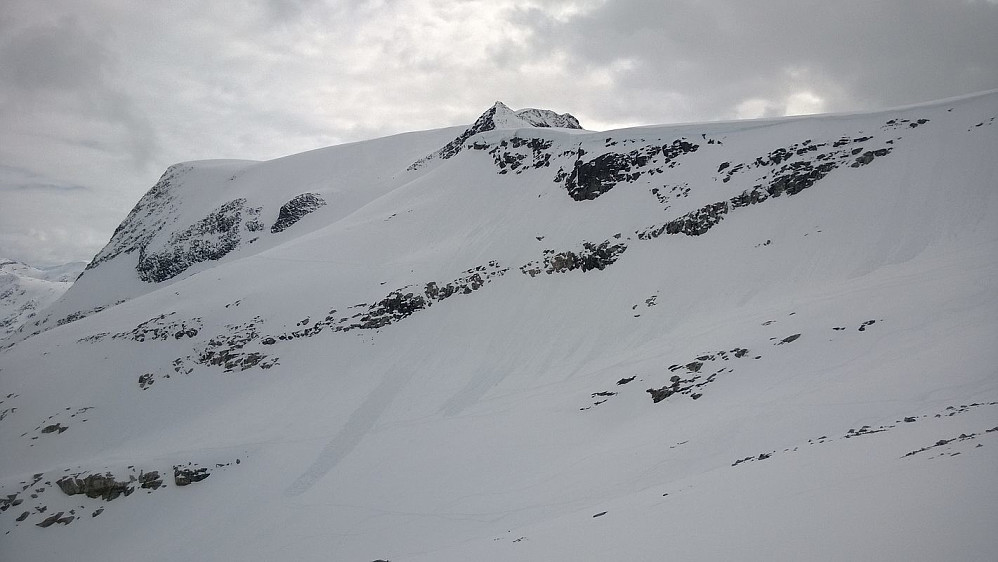 Alnestind (delvis skjult) sett fra Finnanbreen. Den bratte egga vi gikk ned er tydelig sentralt øverst i bildet.