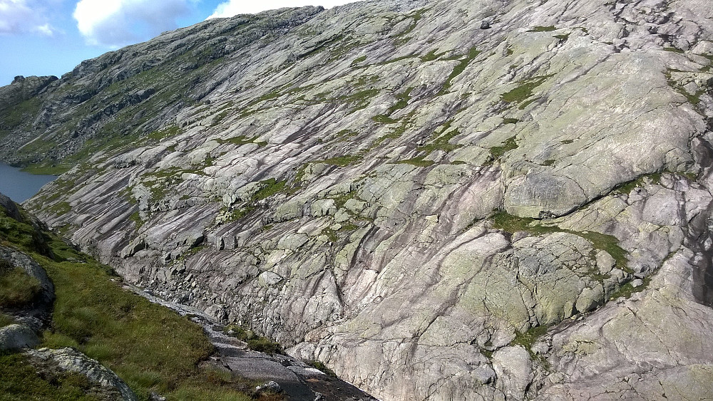 Den vestligste delen av flanken opp mot Lysekammen nede ved gjelet, der det bratteste og nederste partiet ikke sees så godt. Noen steder der nede er det loddrett 5-7 meter. Jeg kløv opp i steinur, der øverste delen av ura kan skimtes noe til venstre nede i bildet.