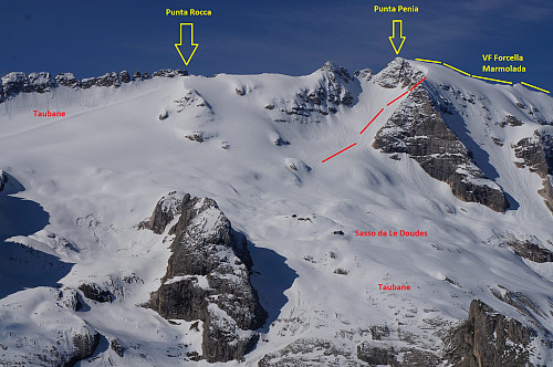 Oversikt Marmolada - sett fra nord. Sasso da le Doudes er galt navn; det skal være Rifugio Pian dei Fiacconi.