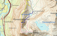 Ruter på Hornet: Gult: Nordveggen (4)
Blått: Normalveien (3)
Rosa: Lillehornet (5+), Hornaksla (1) og Olaskartind.