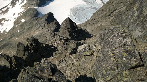 Ved Hjørnet. Ser ned ruta man kommer opp i sørflanken. Etter å ha passert svaene, er det løst, men grei klyving opp hit.