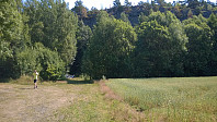 Grei p-plass på gress, rett øst for veien - og rett ved veggen.