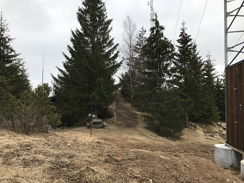 Kjølbergtoppen er den lille kollen mellom trærne. Her er det mange tekniske installasjoner