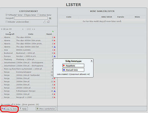 Når du klikker på knappen for å Lage ny liste får du først opp et vindu hvor du blir bedt om å velge regelliste eller manuell liste.