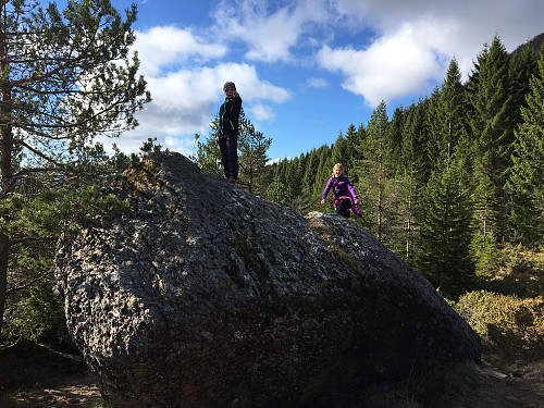Eirik og Emma på "Setersteinen". Denne steinen må ha krympet kraftig de siste 30 åra, for jeg synes å huske at den var mye større før..