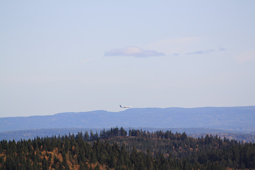 Fly inn for landing på Gardermoen. Nipkollen i forgrunnen.