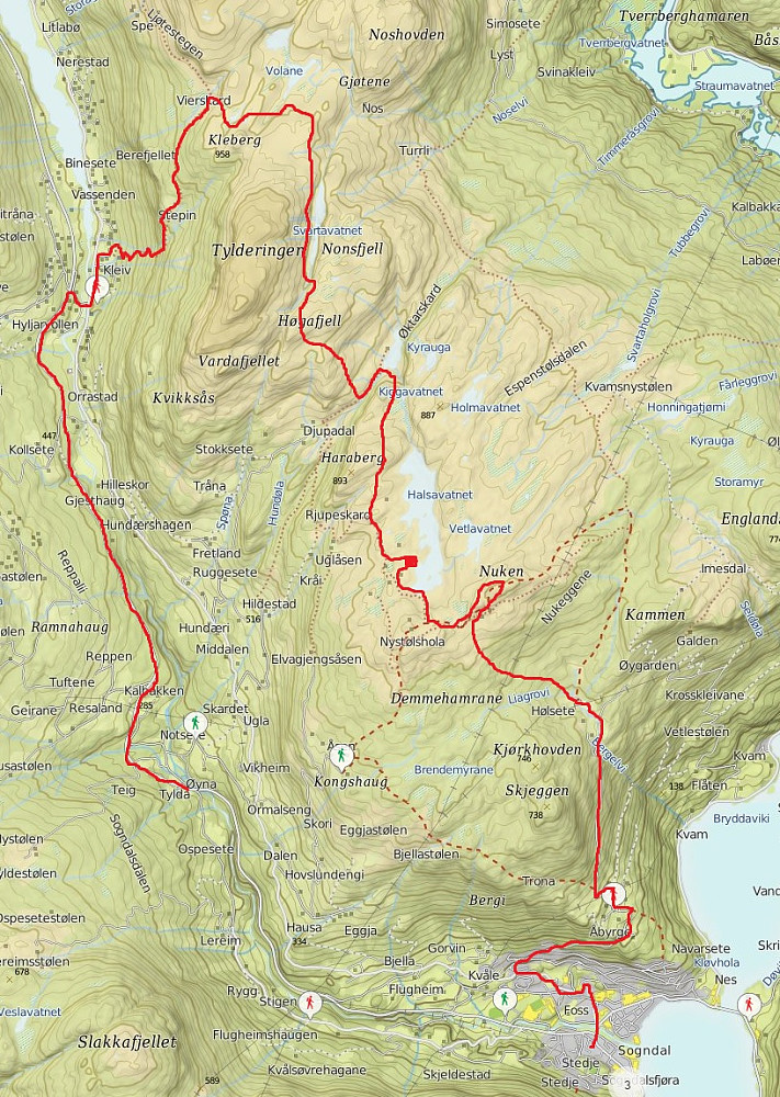 Kartet viser ca. ruta, og der den røde streken stopper ble jeg plukket opp av bilen :-) 