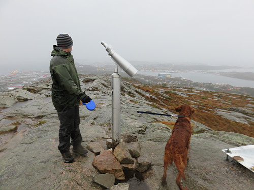 Rune og Shogun på toppen, Kristiansund i bakgrunnen