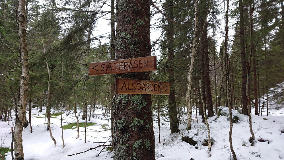 Fra toppen av Kalverompa, skiltet videre til Alsgarden og Seteråsen. Ikke veldig tydelig sti her, men man følger kløfta oppover mellom disse åsene.