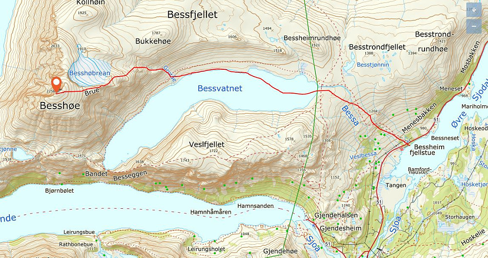 Omtrentlig rute opp til toppen med start fra Bessheim