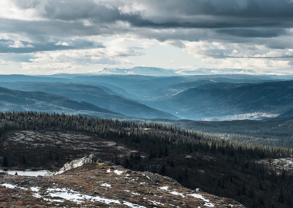 Utsikt fra Holtelifjellet oppover dalen, med Hallingskarvet tronende på topp.