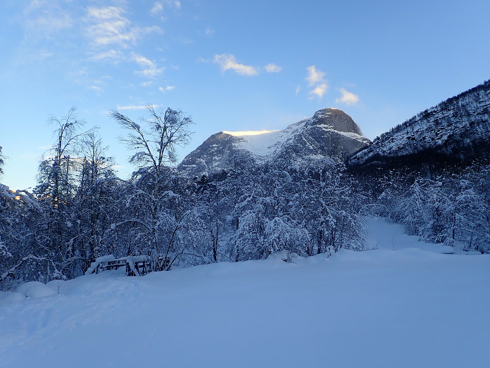 Nydelig vintervær nede i dalen. Litlehornet med den steile sørveggen bak.