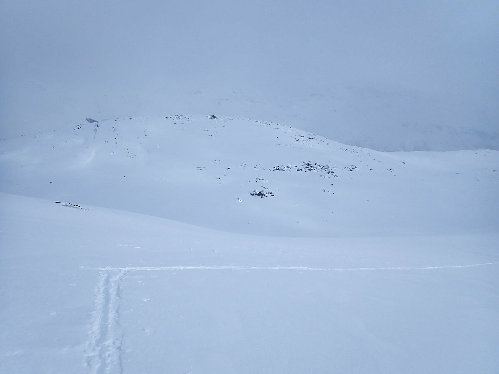 Døntfjellet sett fra oppstigningen mot Sæterhøa 1443. Jeg har så klart kun lagt ut bilder fra de gangene det var sikt. Det ultraflate lyset jeg f.eks hadde på nedkjøringa mot Døntfjellet var sikkert fotogent nok, men bød ikke opp til annet enn å prøve å unngå å kjøre utfor usynlige skrenter og skavlkanter.