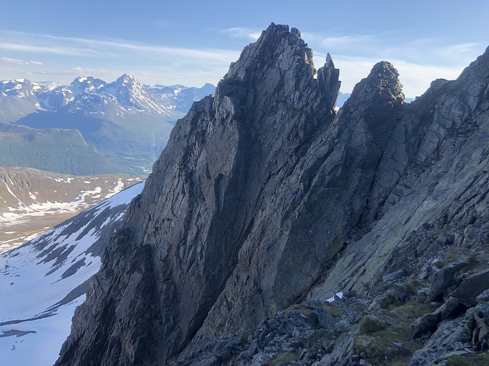 Fra toppen er det en ca 50 meters rapell ned renna midt på pillaren (på bildet) før det er trasking opp ei grusrenne til ryggen. Herfra fulgte vi ryggen ned til skaret mot Ivertoppen vest, før vi skled ned renna på snø.