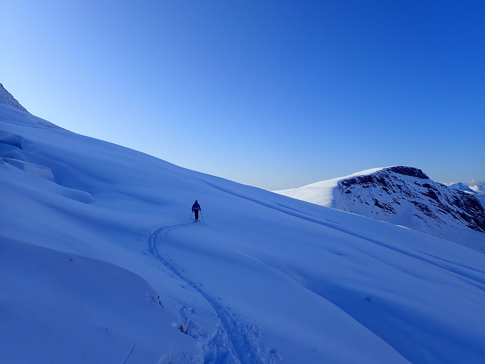 Geir tar føringa over breen sør for topp 1778. Store sprekker men greit å ha oversikt over de med såpass lite snø i fjellet.