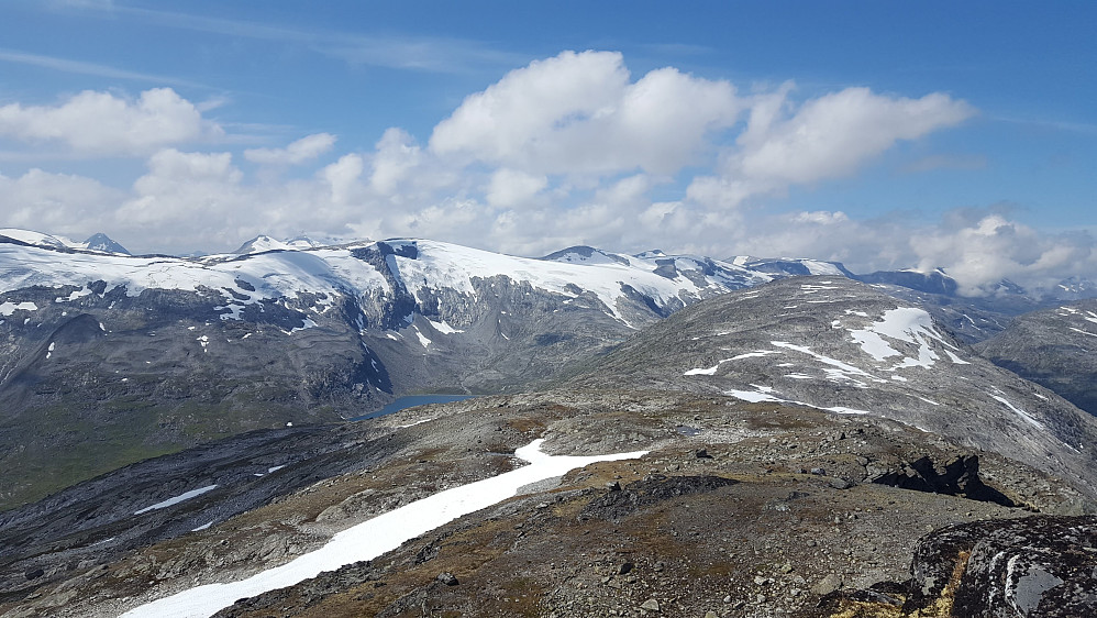 Grasdalsbreen, Skjæringsdalsbreen og Grasdalsvatnet i bakgrunnen.