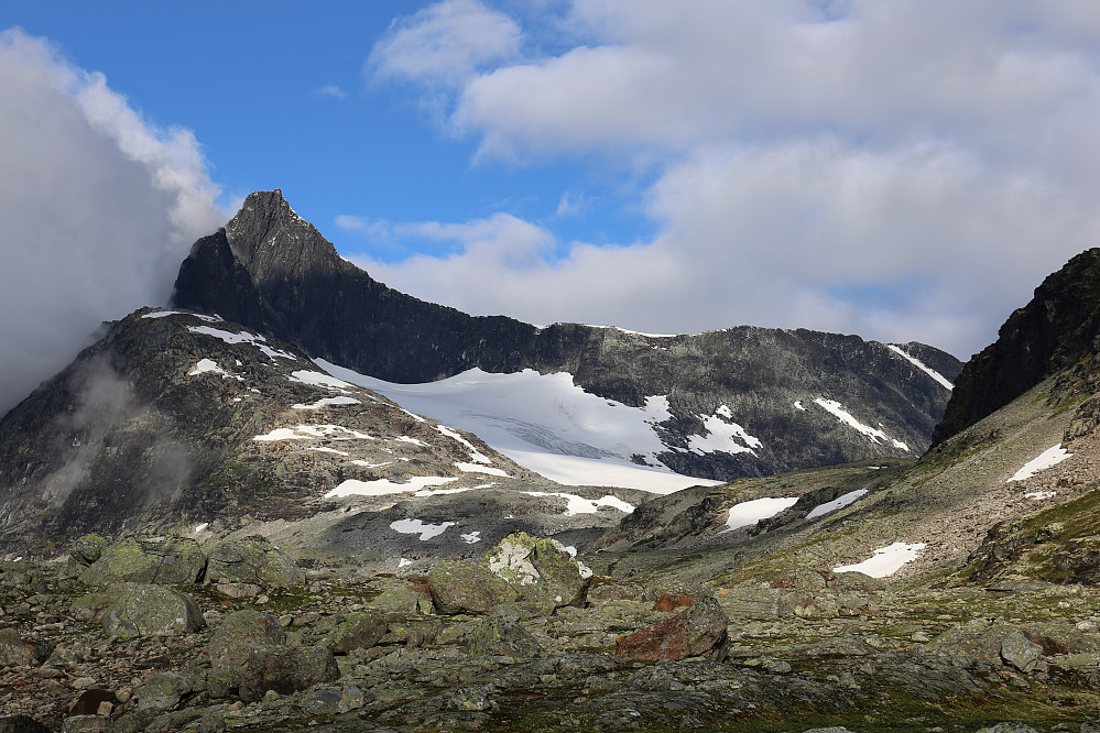 Falketinds lekre profil og Falkebreen i forkant. Pioneer-ruta krysser breen skrått oppover mot høyre og klatringen starter der og fortsetter videre opp veggen som ser helt loddrett ut fra denne vinkelen!