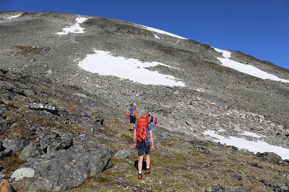 Vi søkte i retning snøfeltene, dels for avkjølingens og vannet skyld, dels for en enklere bestigning. Dessuten var dette perfekt i retning av første topp-punktet på Styggehøi (2200).